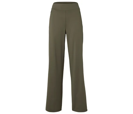 Eine olivgrüne Damenhose mit weitem Bein.