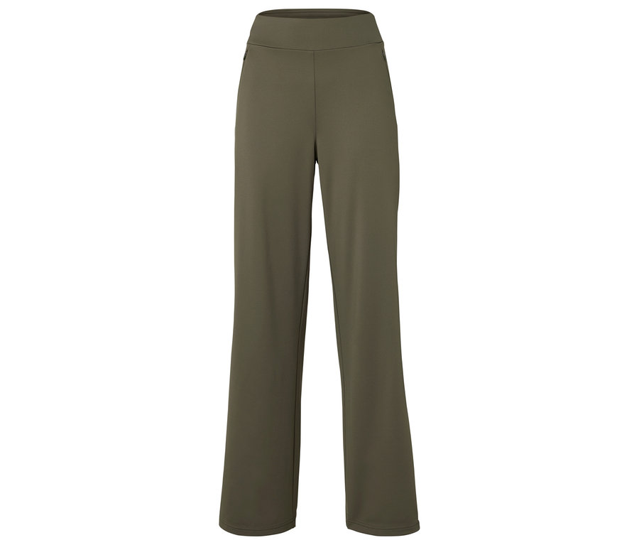 Eine olivgrüne Damenhose mit weitem Bein.