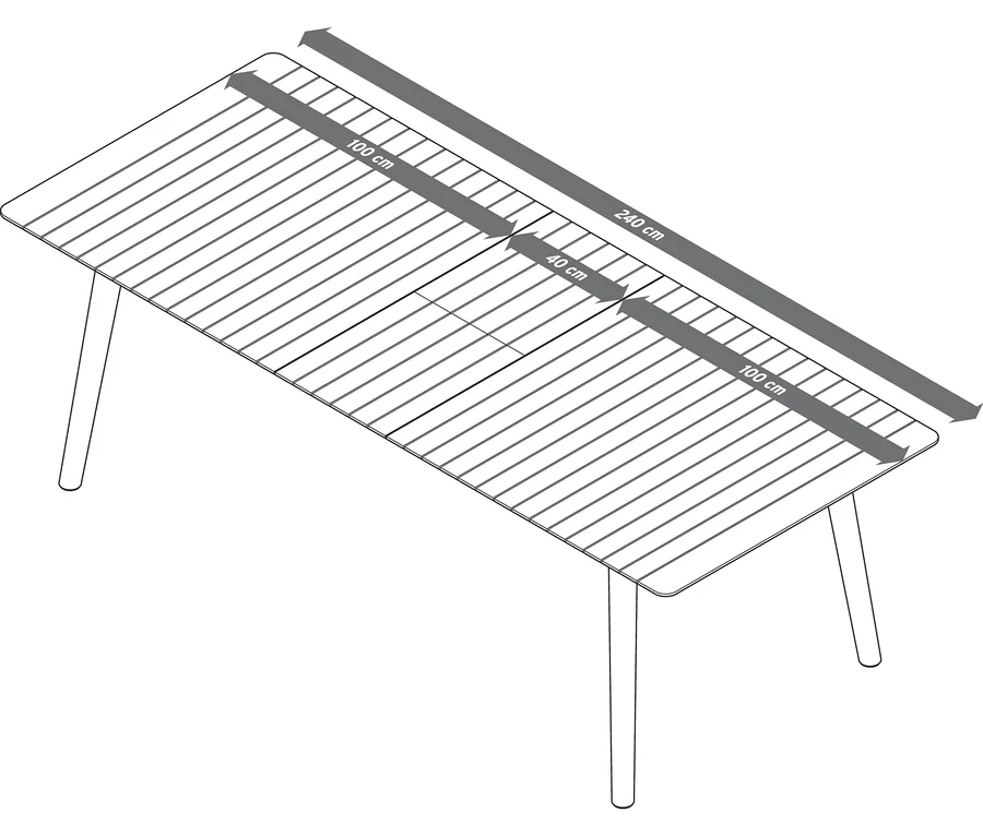 Skizze eines Teak-Ausziehtischs mit Maßangaben.