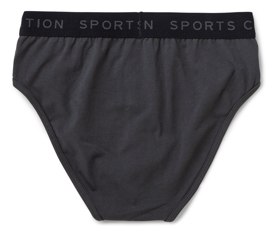 Graue Herrenslips mit schwarzem Gummibund und SPORTS Schriftzug.