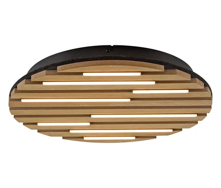 Ovale Deckenleuchte mit horizontalen Holzlamellen und schwarzem Rand.