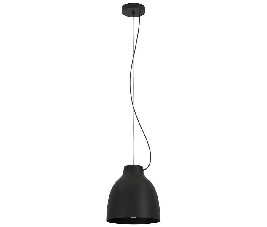 Schwarze Hängelampe mit rundem Lampenschirm.