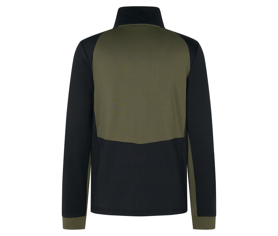 Rückansicht einer olivgrünen und schwarzen Langarmjacke mit Reißverschluss.