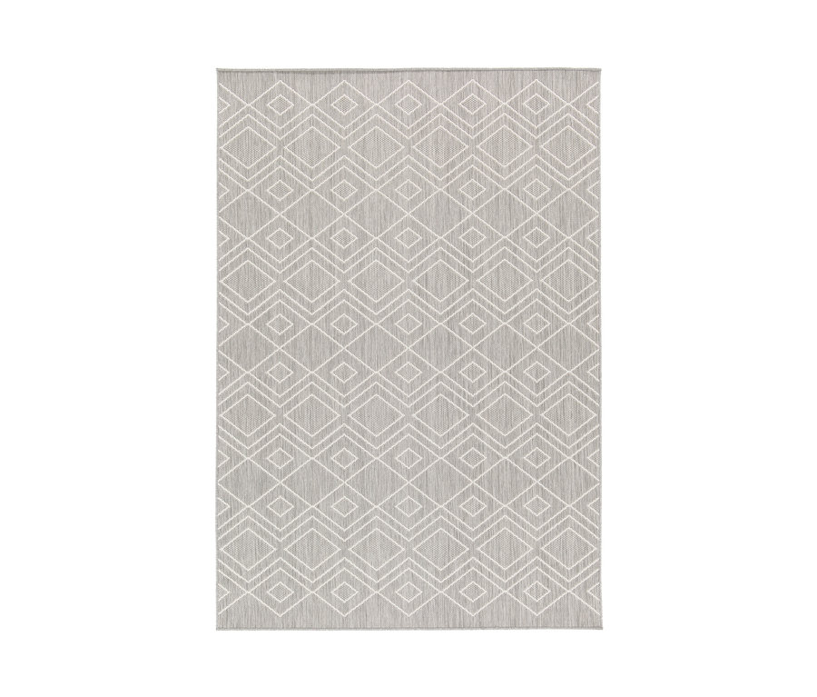 Grauer, faltbarer Outdoor-Teppich „Diamond Rhythm“ mit weißem geometrischem Muster.