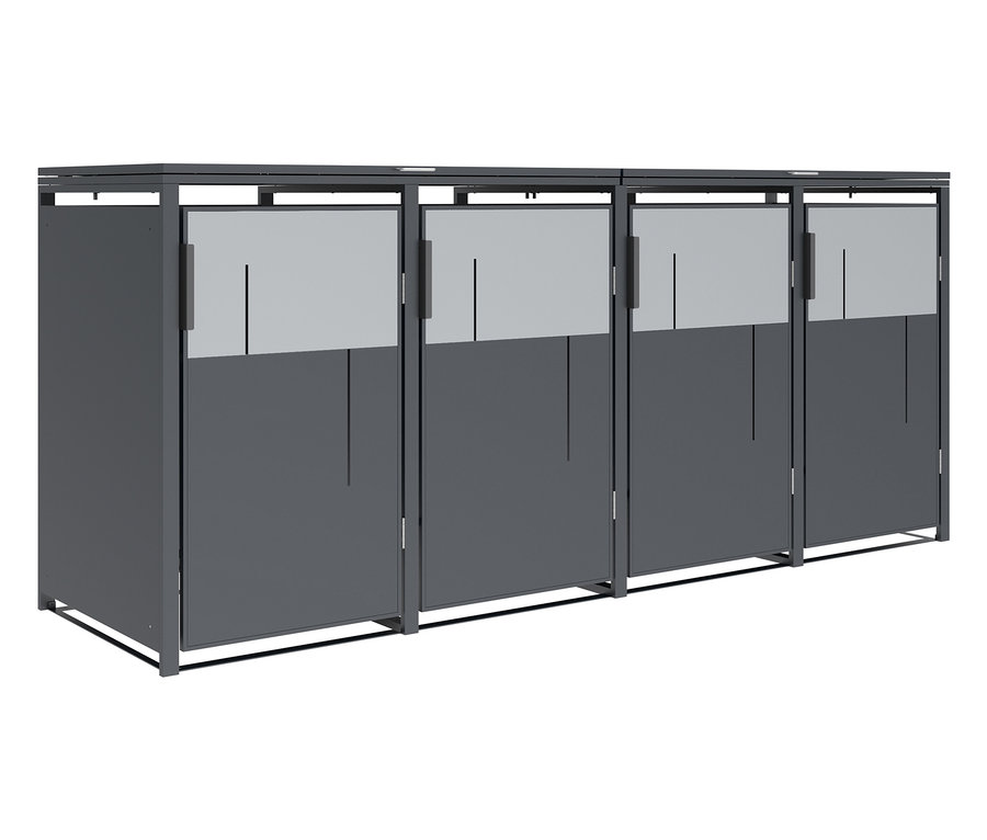 Vier graue Mülltonnenboxen mit transparenten Oberteilen.