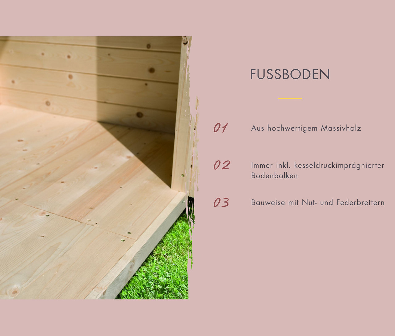 Detailaufnahme eines Holzfußbodens mit Beschreibung der Eigenschaften.