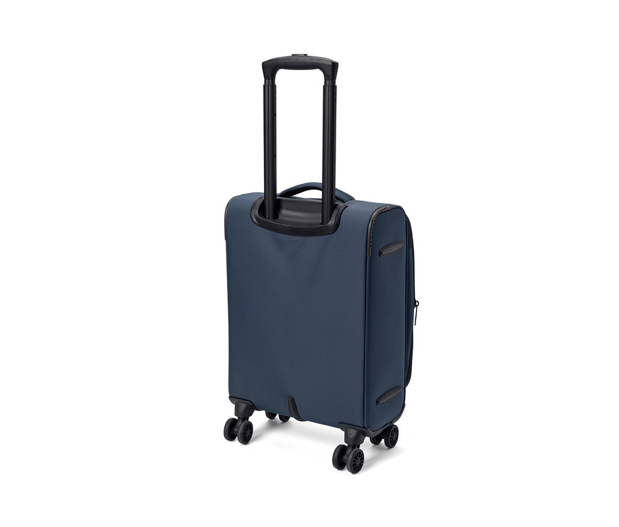 Ein kleiner, blauer Textilkoffer mit ausziehbarem Griff und Rollen.