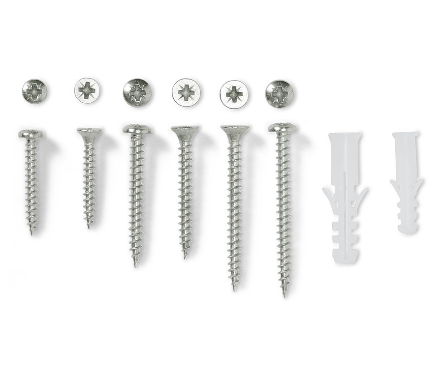 Schrauben-und-Dübel-Set auf weißem Hintergrund.