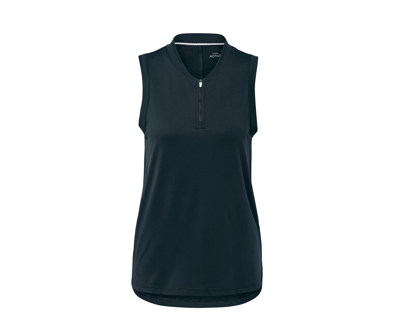 Dunkelblaues Funktionstop mit kurzem Reißverschluss.