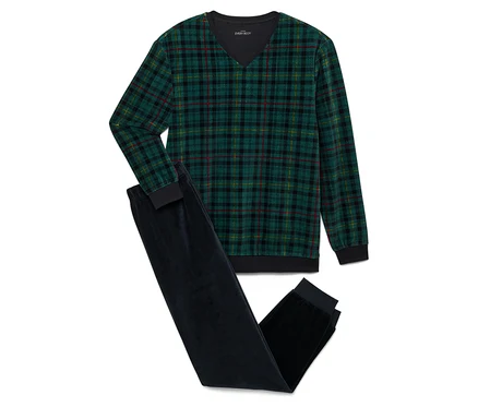 Pyjama-Set: Grün kariertes Langarmshirt und dunkelblaue Samthose.
