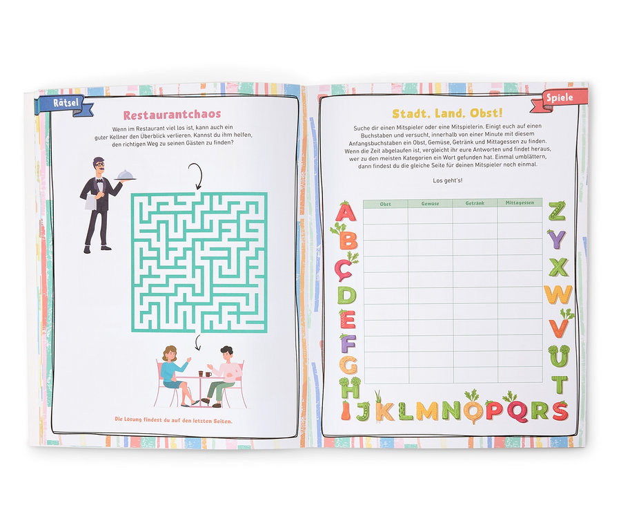 Geöffnetes Buch mit dem Spiel "Restaurantchaos" und dem Spiel "Stadt, Land, Obst!".