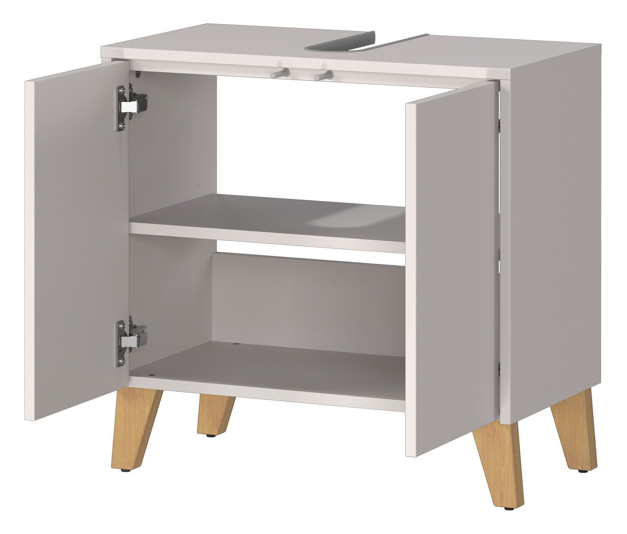 Ein grauer Waschtischunterschrank mit zwei offenen Türen steht auf vier Holzfüßen.