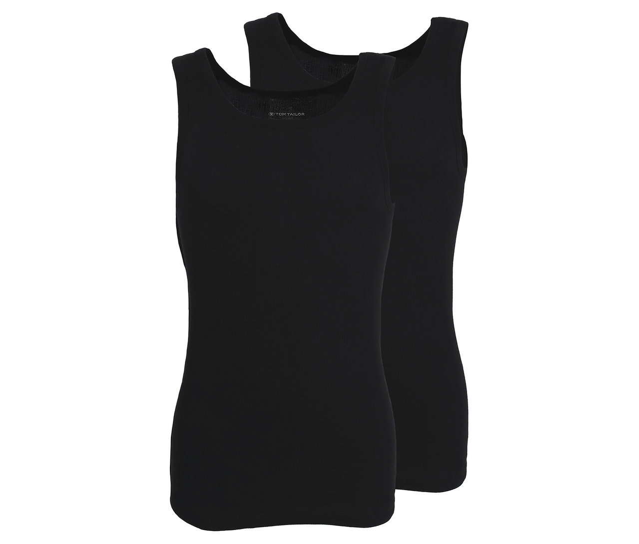 Zwei schwarze Tom Tailor »Montana« Unterhemden gestapelt.