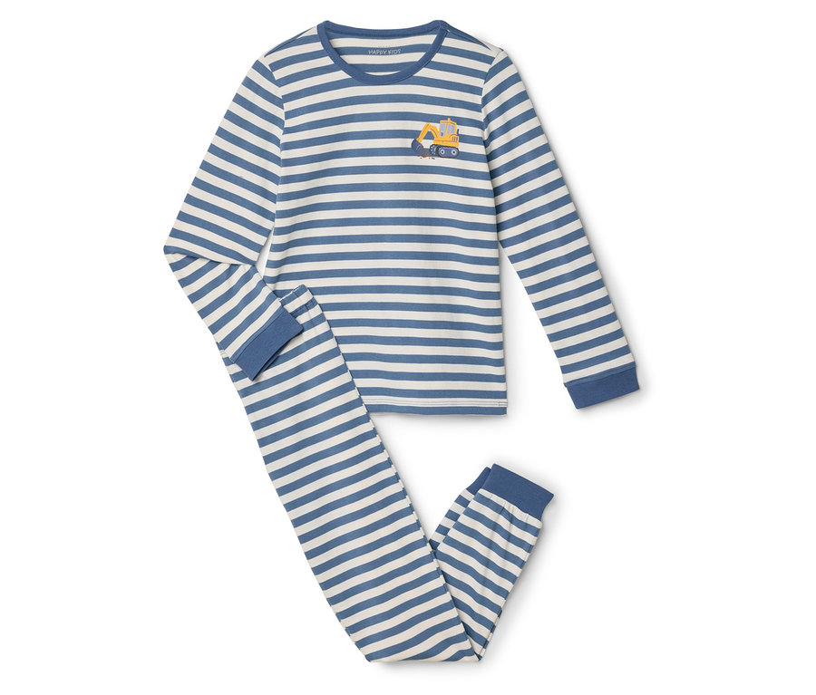 Gestreifter, zweiteiliger Schlafanzug mit Bagger-Applikation.
