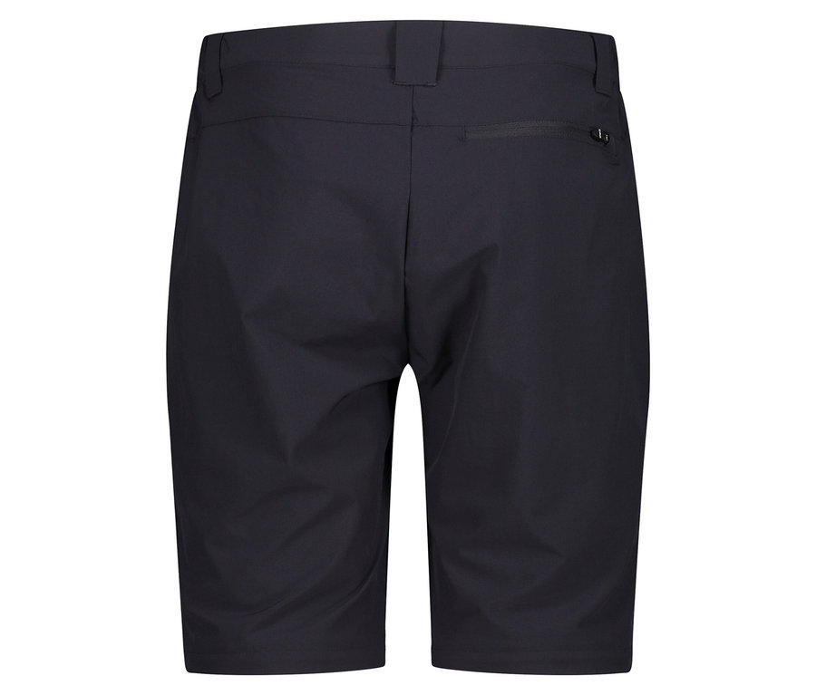 Nahaufnahme der Rückseite von schwarzen Shorts mit Reißverschlusstasche.