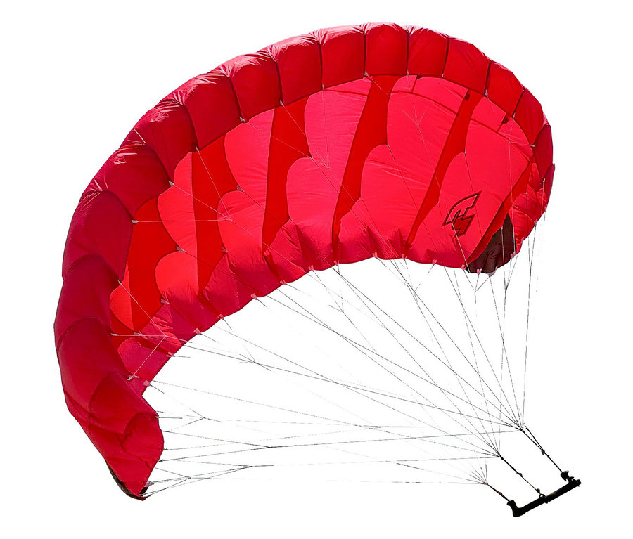 Roter F2 SUP Board »Glide Wing« Kite mit zahlreichen Schnüren, gesehen im Studio.