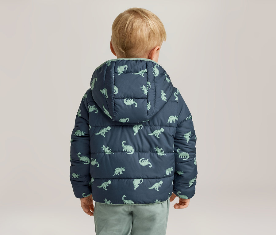 Kleiner Junge von hinten, trägt eine marineblaue, gesteppte Jacke mit Kapuze und hellgrünen Dinosaurier-Motiven.