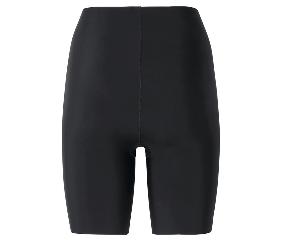 Schwarze Shapewear-Shorts vor neutralem Hintergrund.