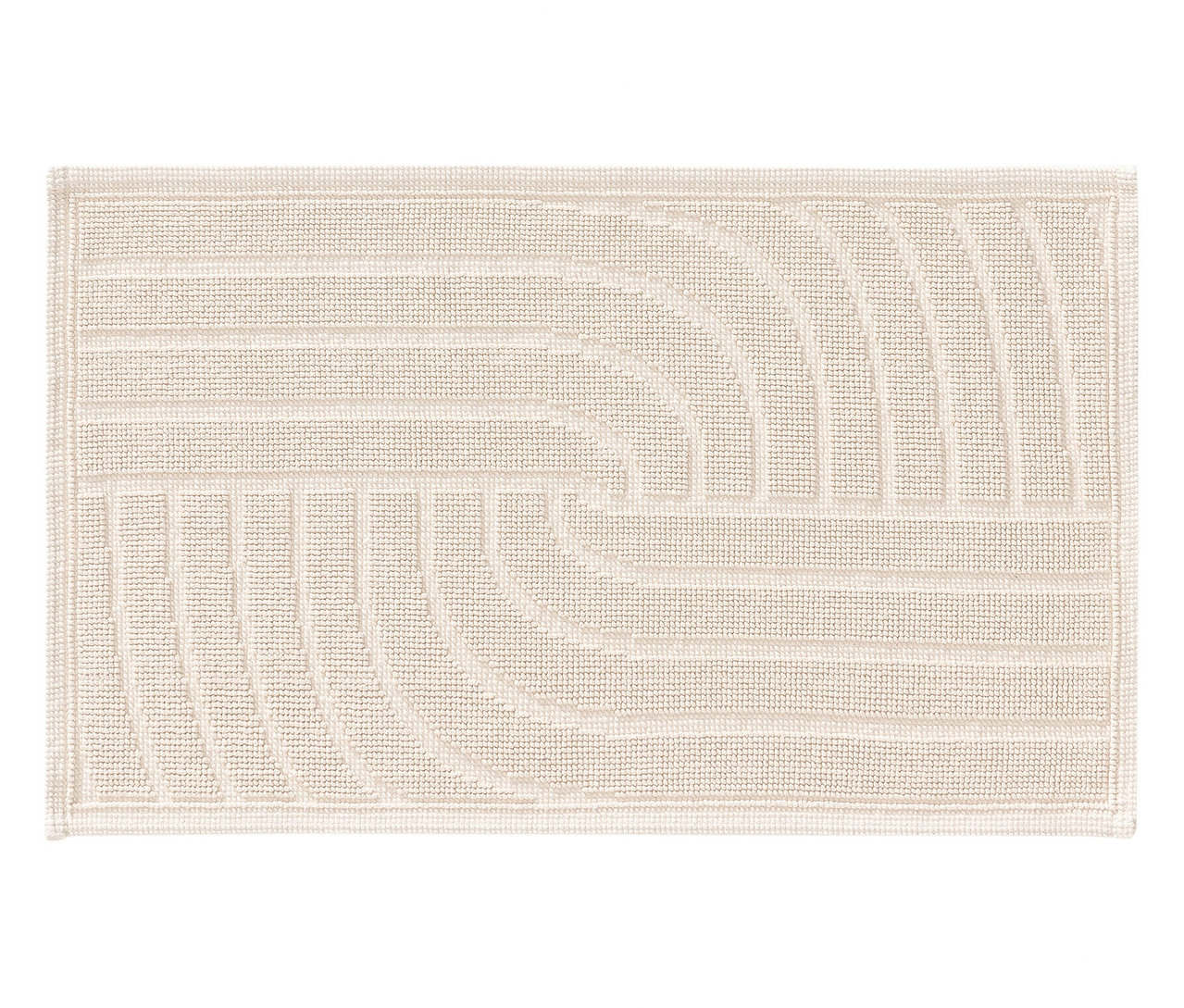 Ein rechteckiger, cremefarbener Teppich mit einem geometrischen Design aus Linien und Bögen.