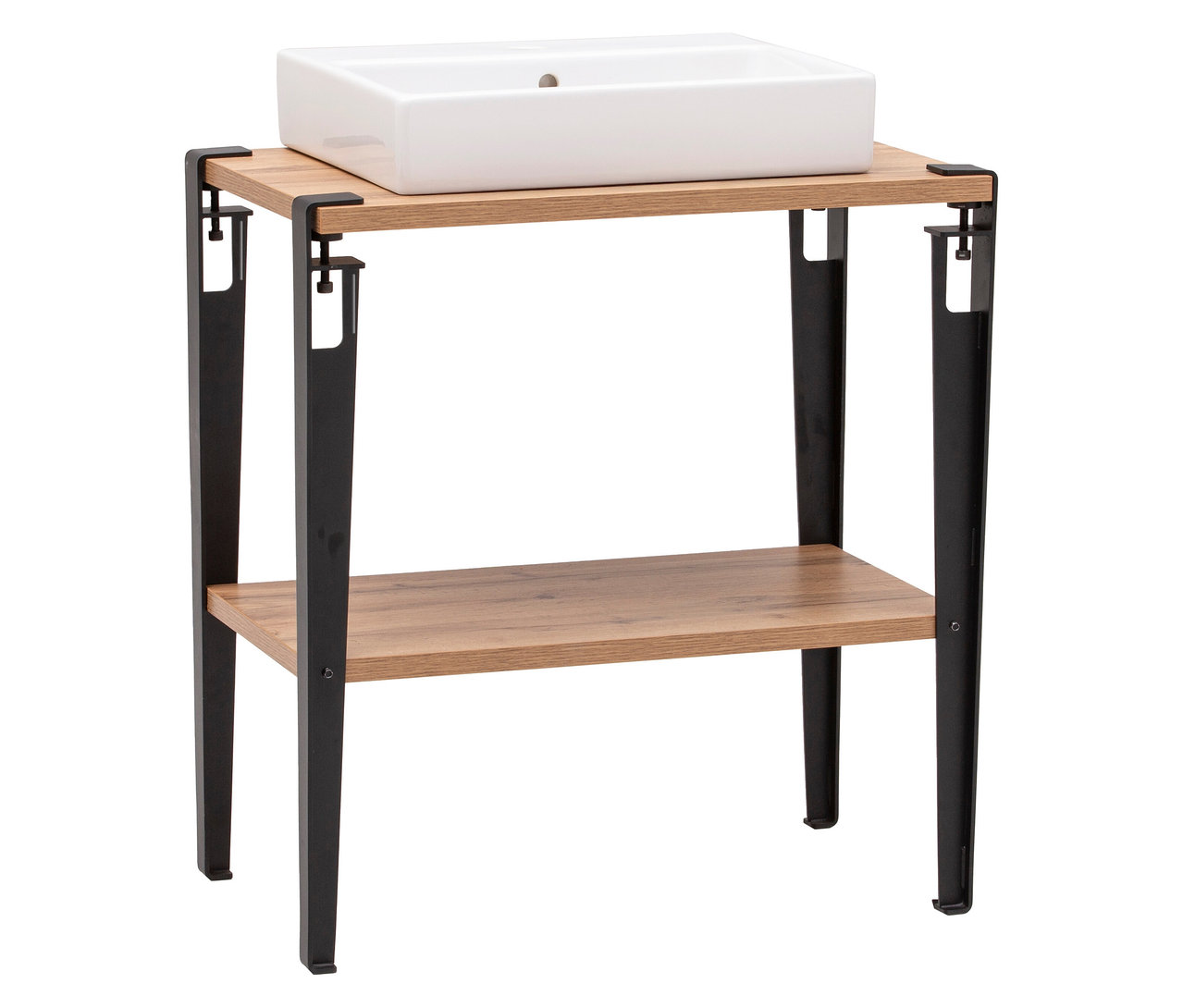 Weißes Waschbecken auf WS Waschtisch »Tonder« mit Eiche Landhaus Dekor und schwarzem Metallgestell mit Ablage.