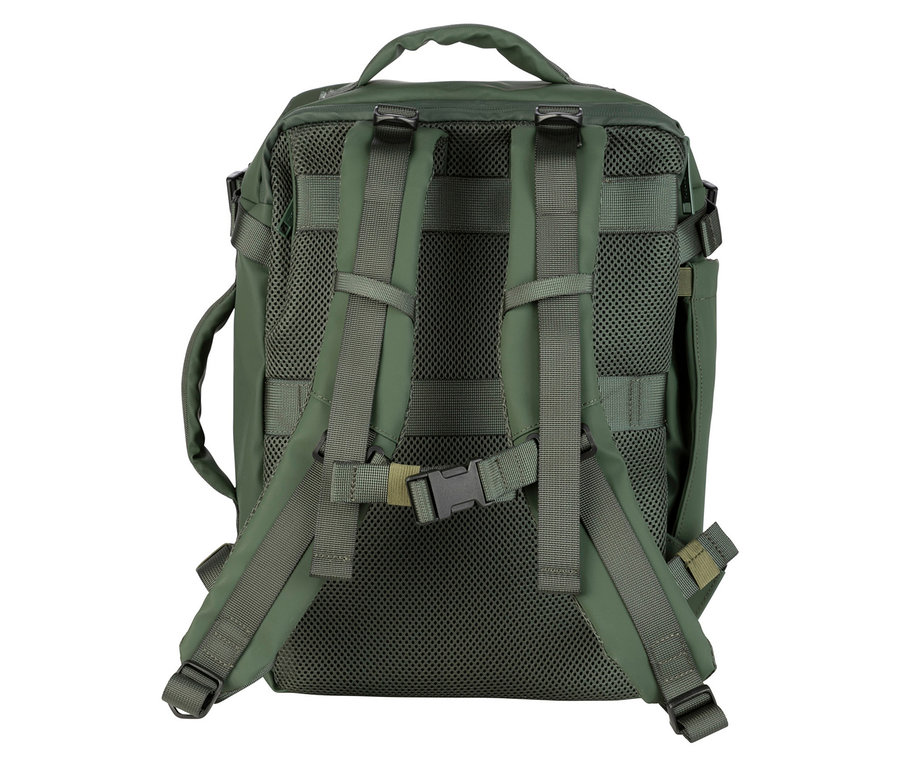 Rückansicht eines grünen Rucksacks mit Trägern und Schnallen.