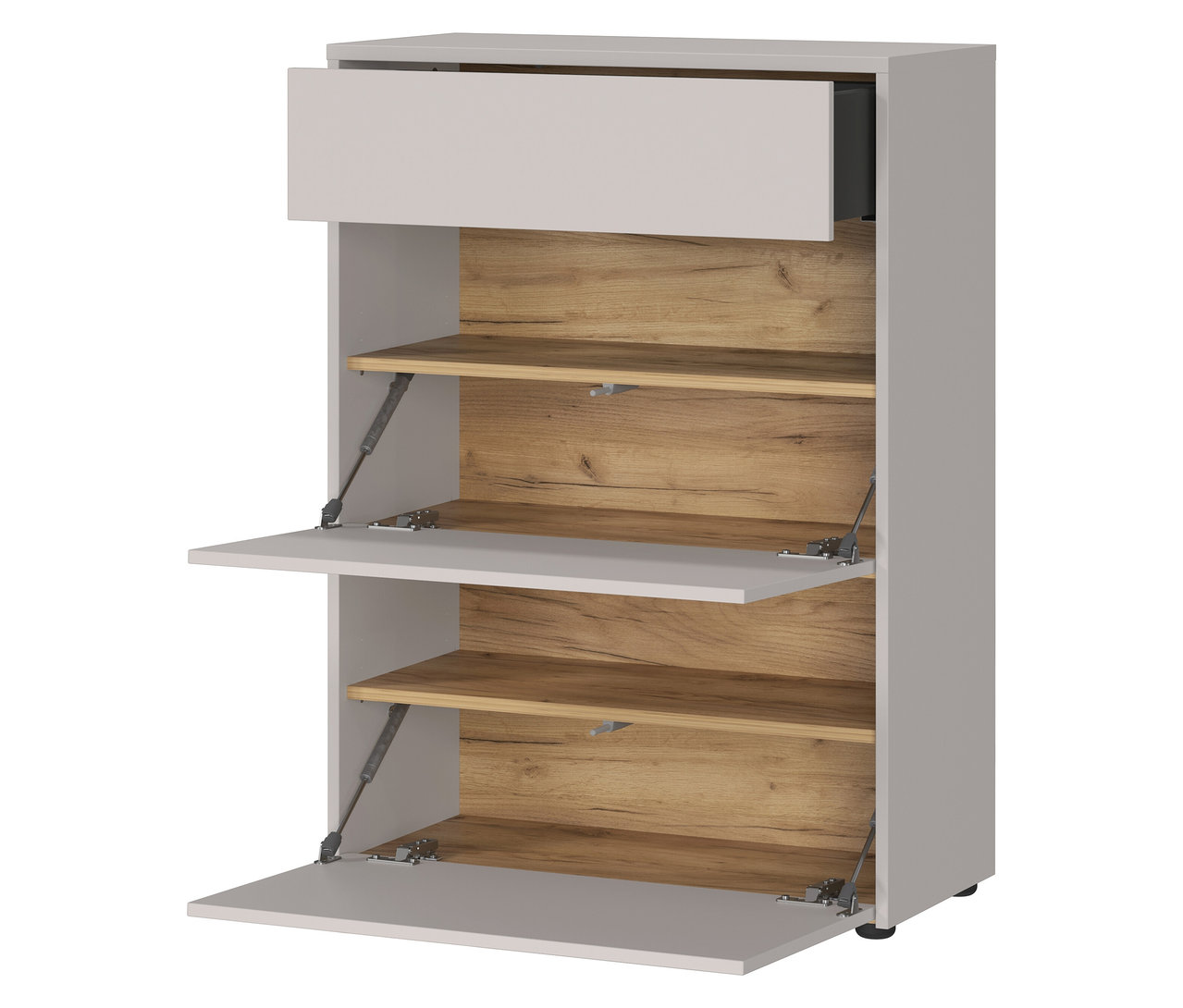 Grauer Schuhschrank mit Schublade und drei offenen Fächern mit Holzrückwand.