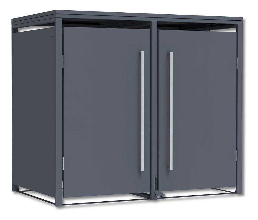 Graue Mülltonnenbox mit Trethebel für zwei 240-Liter-Mülltonnen.