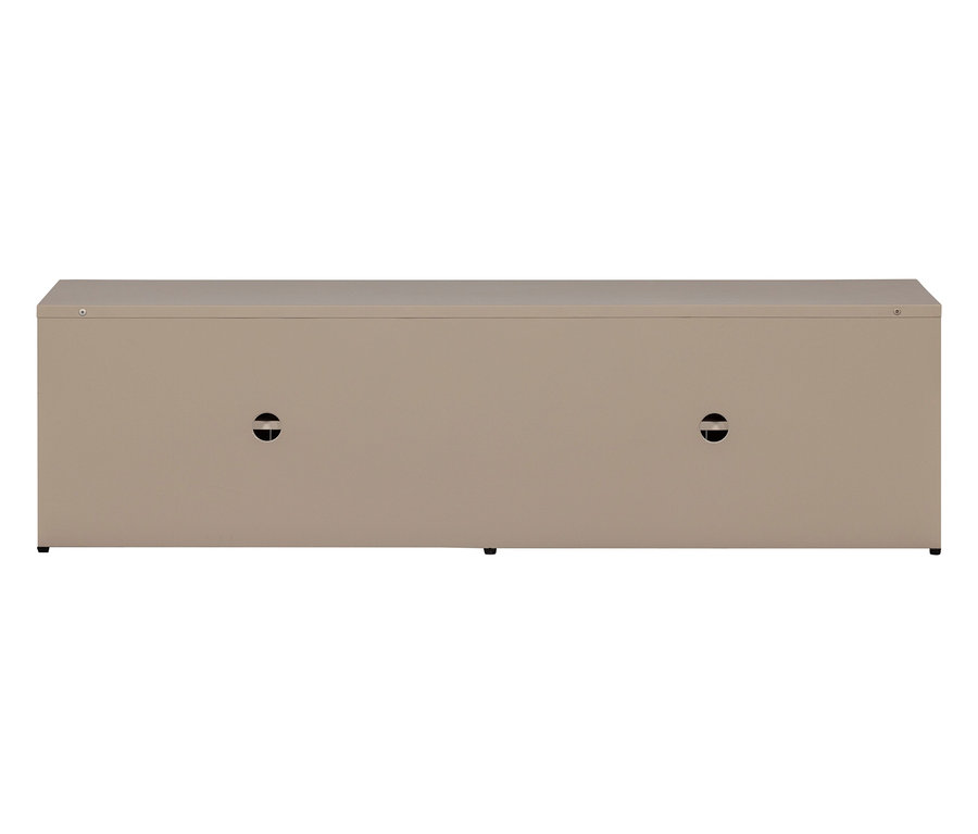 Beiges Lowboard mit zwei Löchern für Kabel auf der Rückseite.