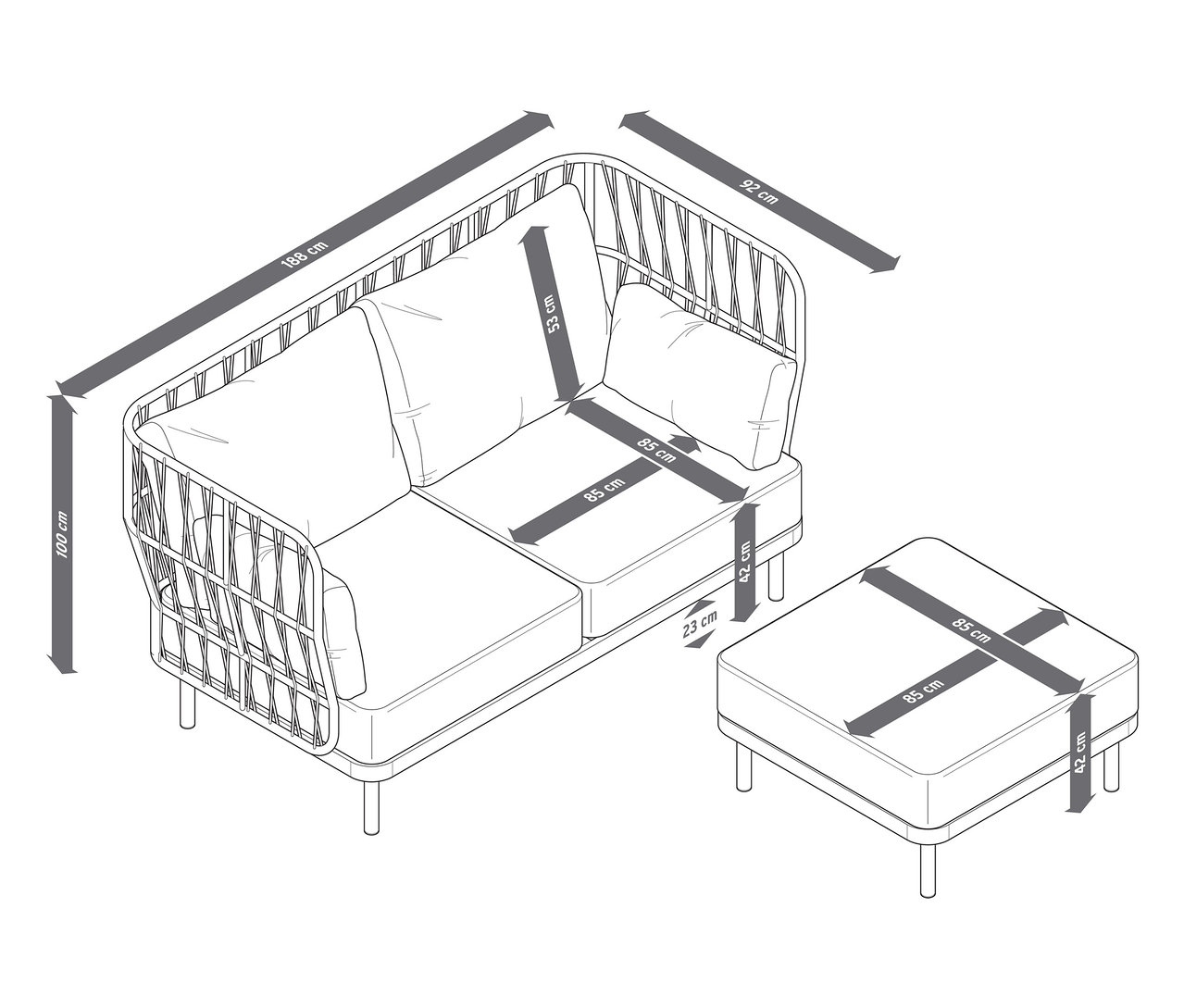 Abbildung eines komfortablen Gartensofas mit hoher Rückenlehne und den zugehörigen Abmessungen.