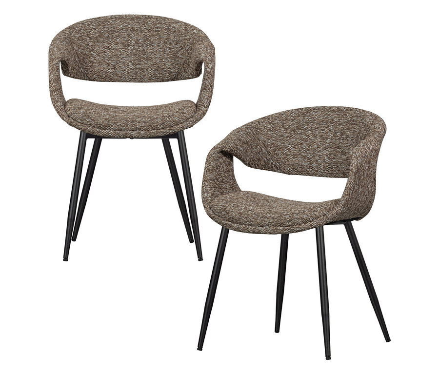 Zwei braun-schwarze WOOOD Esszimmerstühle »Yossi« mit Metallfuß im 2er-Set stehen auf weißem Grund.