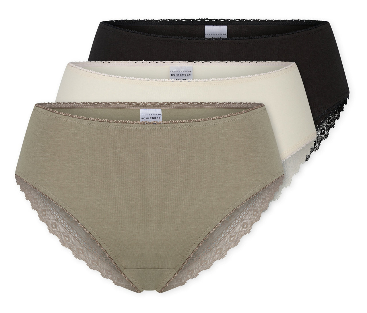 Drei SCHIESSER Brazilian-Slips in Schwarz, Creme und Khaki mit Spitzenbesatz.