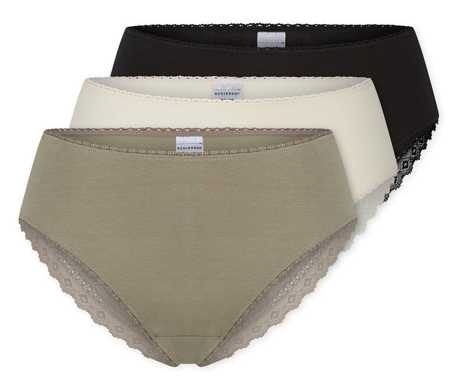 Drei SCHIESSER Brazilian-Slips in Schwarz, Creme und Khaki mit Spitzenbesatz.