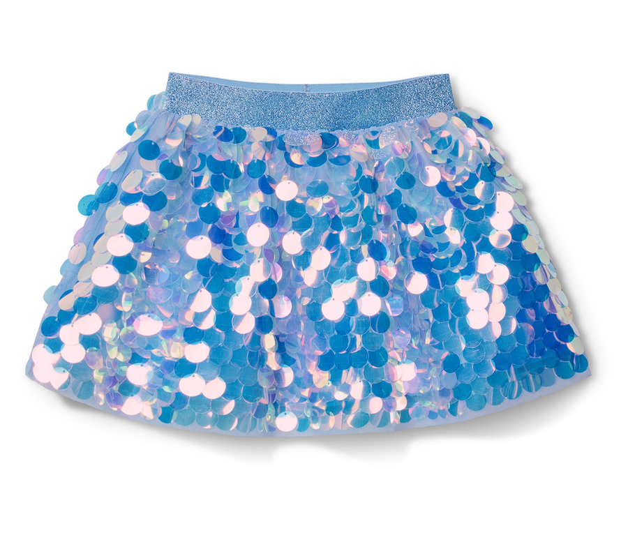 Kinder-Paillettenrock mit irisierenden blauen und rosafarbenen Pailletten und einem glitzernden blauen Bund.