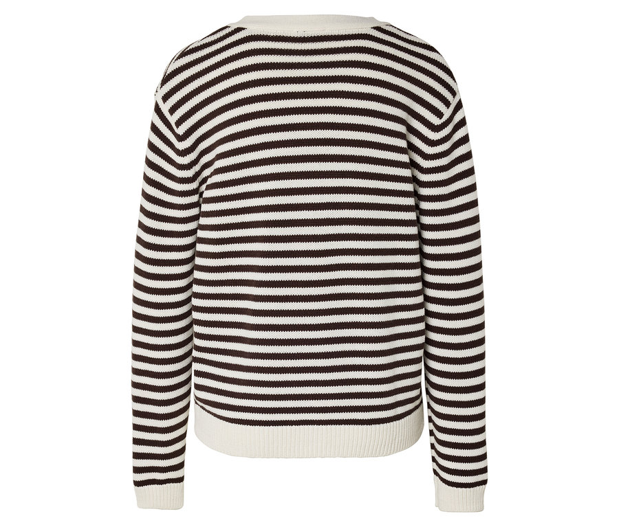 Rückansicht eines Pullovers mit braunen und weißen Streifen.