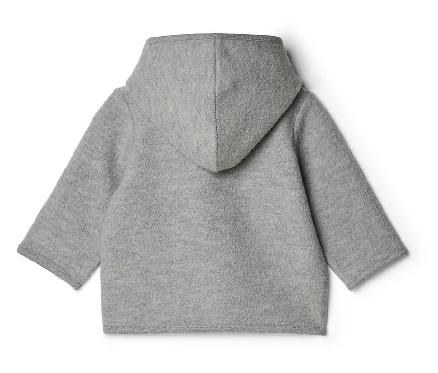 Rückansicht einer hellgrauen Kinderjacke mit Kapuze und langen Ärmeln.
