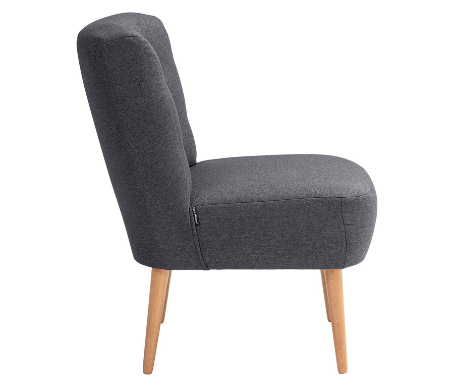 Seitenansicht eines grauen Sessels mit Holzbeinen.