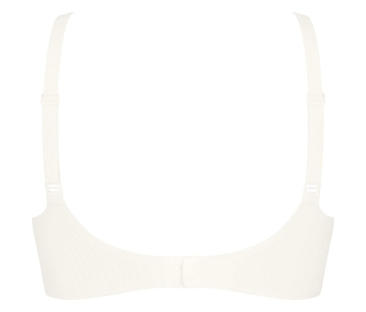 Rückansicht eines weißen BHs mit verstellbaren Trägern und Hakenverschluss.