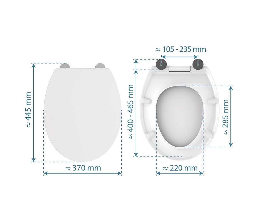Weißer Duroplast WC-Sitz »PREMIUM«, geschlossene und offene Ansicht, mit Maßen. Geschlossen: 445x370 mm. Offen: 400-465 mm Länge, 220x285 mm Öffnung. Scharnierabstand: 105-235 mm.