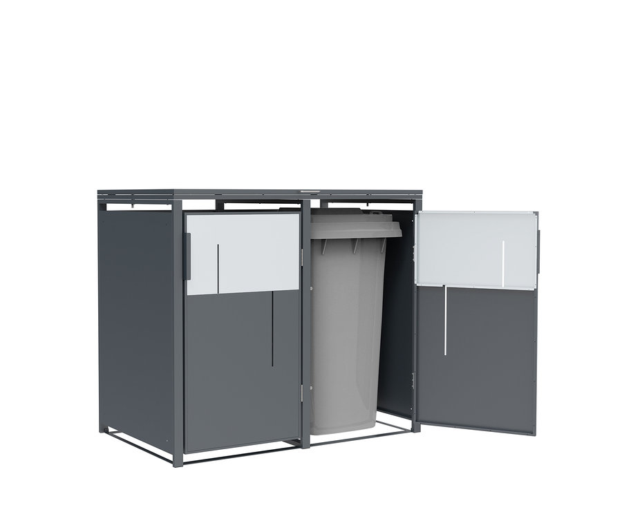 Ein grauer Mülltonnencontainer mit zwei Türen, eine geschlossen und eine offen, mit einer grauen Mülltonne darin.