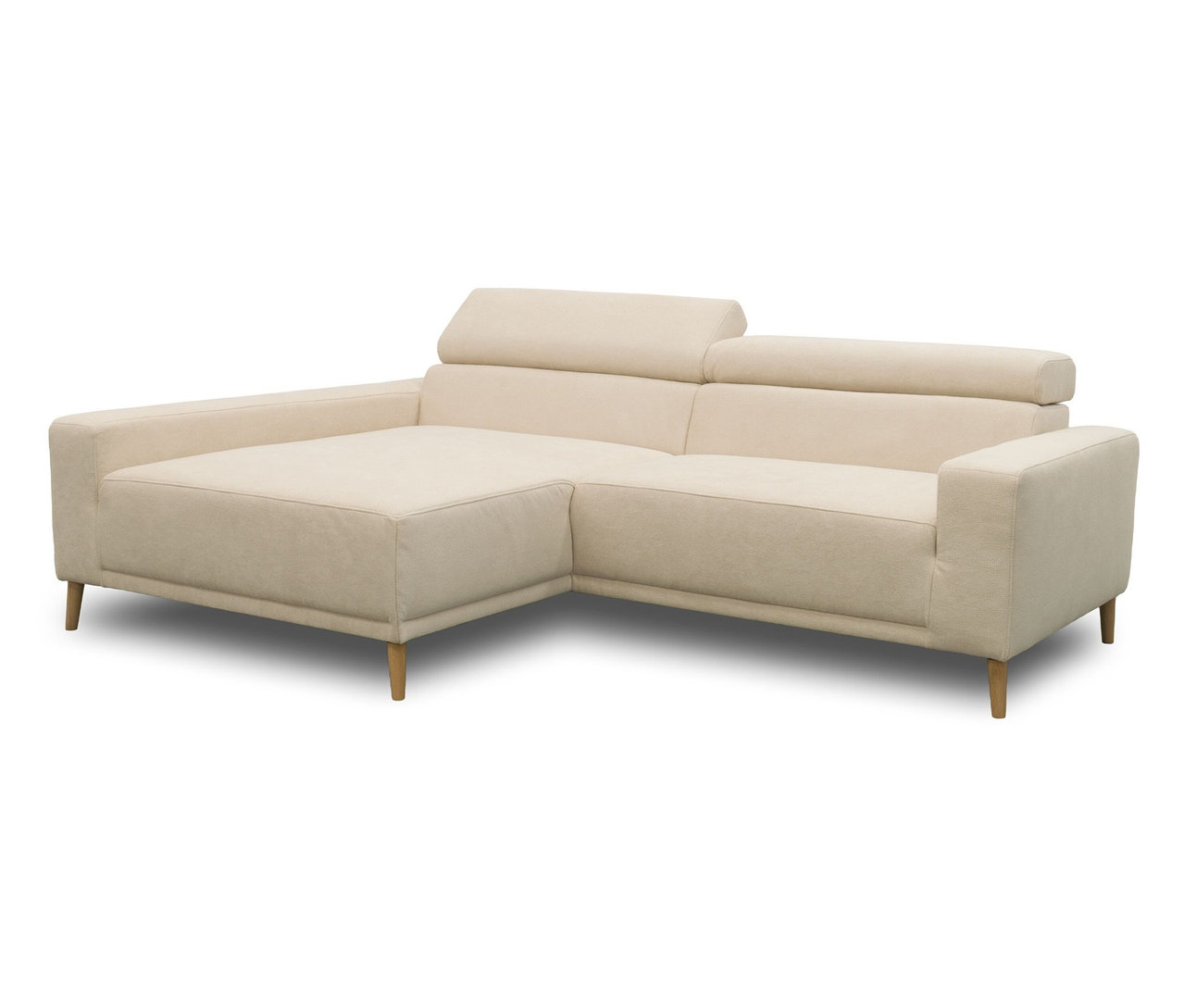 DOMO Sofa »Malmö« in Creme mit Longchair links, Kopfteilverstellung und Holzfüßen.