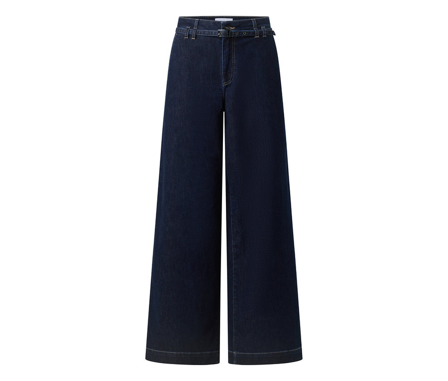 Dunkelblaue, weit geschnittene Angels Denim »Liva« Sleek Jeans mit hohem Bund und Gürtel.