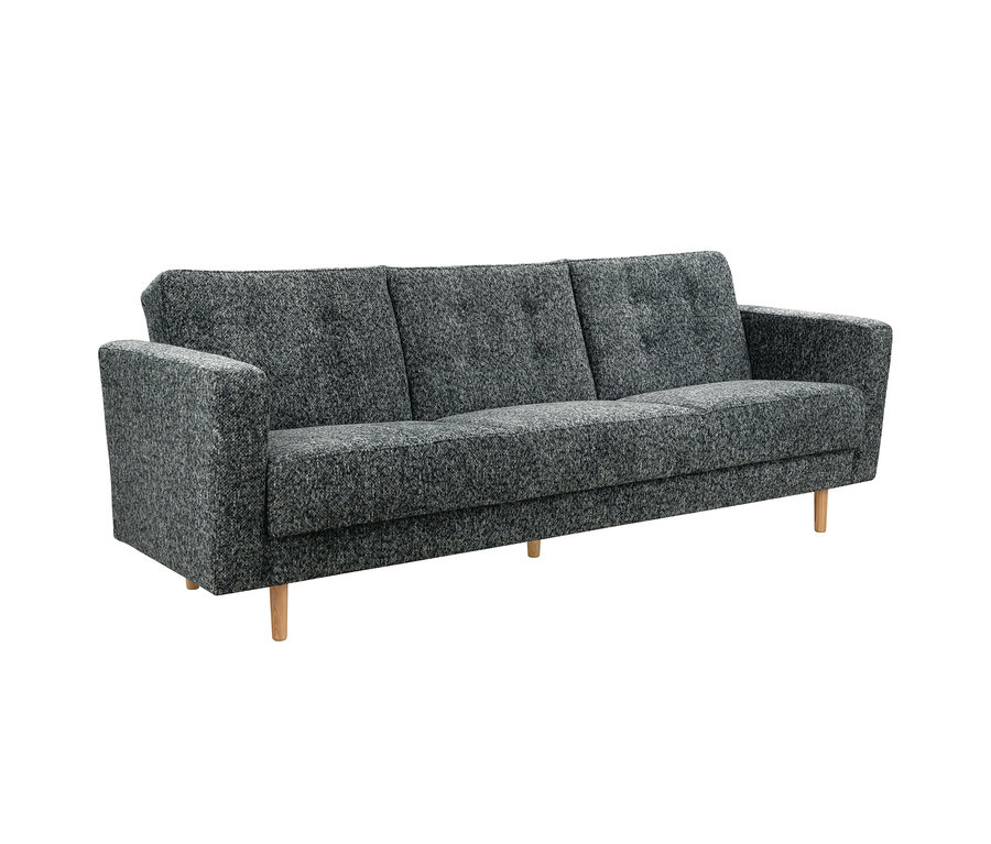 Anthrazitfarbenes 3-Sitzer Schlafsofa Janny mit meliertem Stoffbezug, Knopfheftung an der Rückenlehne und hellen Holzfüßen.