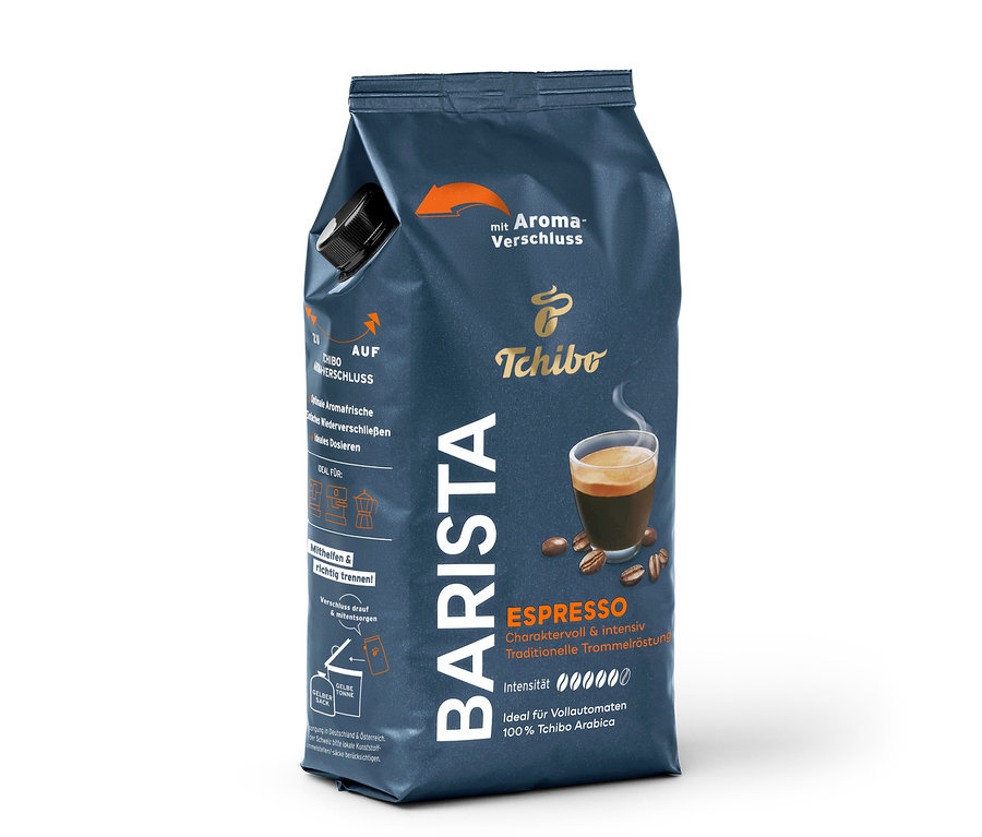 Eine Packung Tchibo Barista Espresso, gemahlener Kaffee. Die Packung ist dunkelblau und zeigt eine Tasse Espresso und Kaffeebohnen.