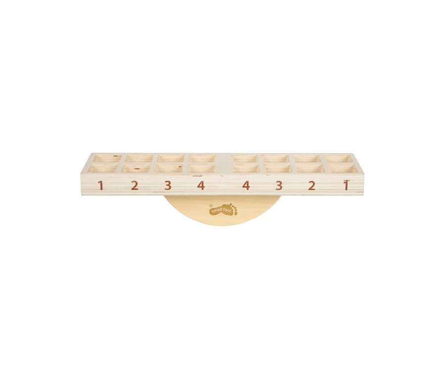 Hölzerne Montessori-Waage small foot Montessori-Bundle 2 mit quadratischen Fächern und Zahlen 1 bis 4.