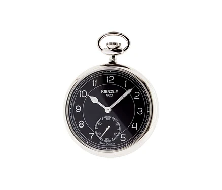 Nahaufnahme der silbernen Kienzle Taschenuhr »Noir« mit schwarzem Zifferblatt und weißen Ziffern.