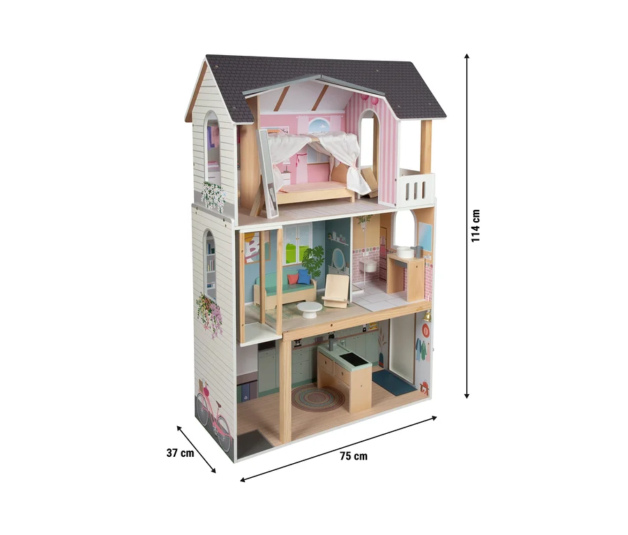 Detailansicht des Small foot Puppenhaus Stadtvilla, ein mehrstöckiges Puppenhaus mit Ausstattung.