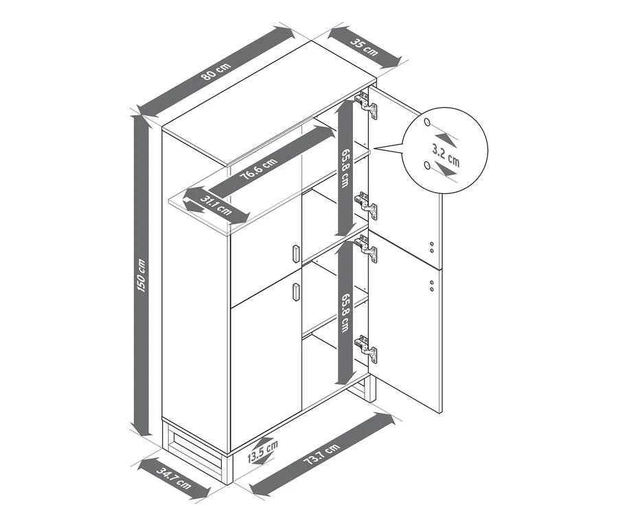 Badschrank mit 4 Türen, 150 cm hoch, 80 cm breit und 35 cm tief, mit geöffneten oberen Türen, die 65,8 cm hohe Fächer zeigen. Die Türen sind 3,2 cm dick.