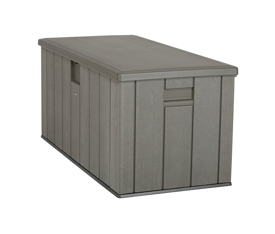 Eine graue Lifetime-Auflagenbox mit ca. 570 l Fassungsvermögen.