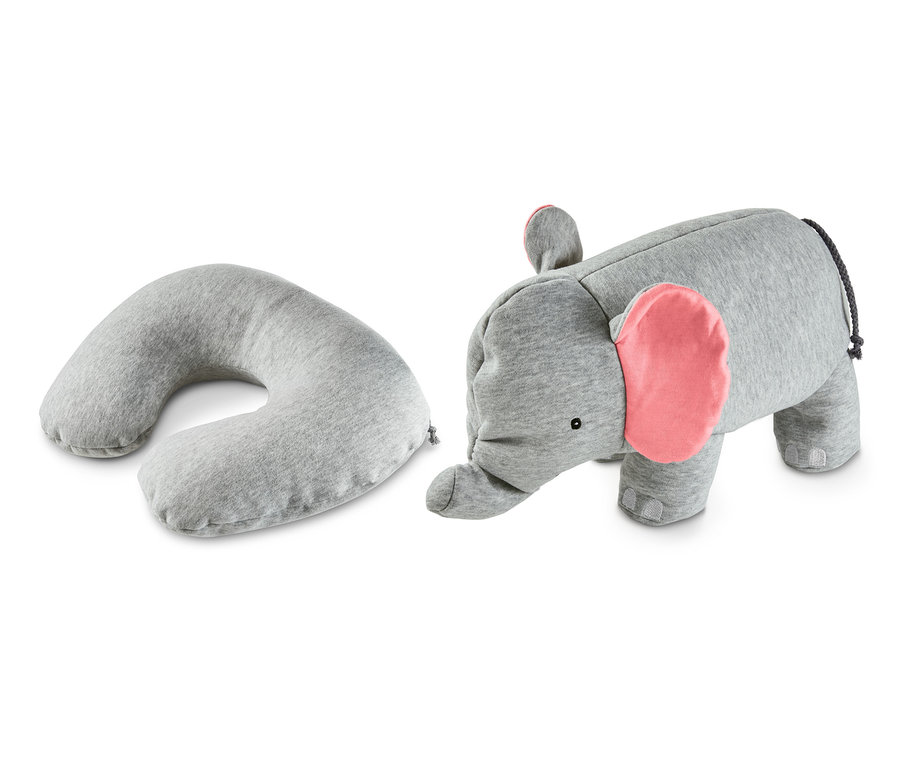 Graues 2-in-1-Nackenhörnchen »Elefant« nebeneinander in U-Form und als Elefantenspielzeug.