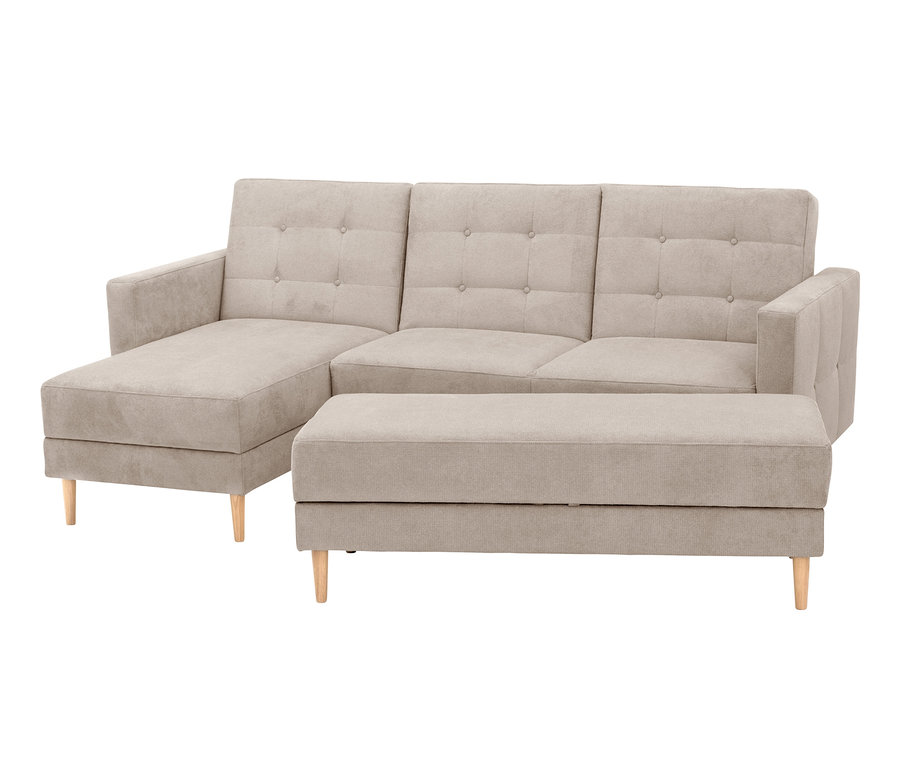Beiges Schlafsofa mit Ottomane und Holzbeinen.